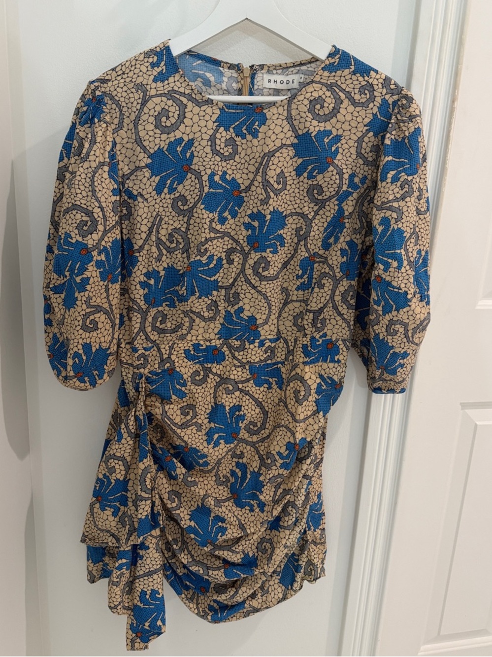 RHODE Blue & Cream Mosaic Blossom Mini Dress, Size 10 - Picture 2 of 2
